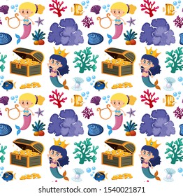 Seamless background design with mermaids and chest illustration