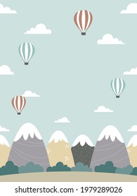 Seamless background design with mountains, forests, clouds, and hot air balloons. Cartoon style landscape illustration. For poster, web banner, kids room wall paper, etc.