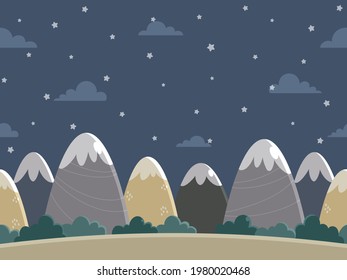 Seamless background design with mountains, forests, clouds, and tiny stars. Cartoon style night landscape illustration. For poster, web banner, kids room wall paper, etc.