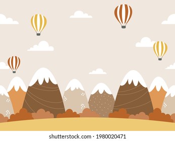 Seamless background design with mountains, forests, clouds, and hot air balloons in autumnal colors. Cartoon style fall landscape illustration. For poster, web banner, kids room wall paper, etc.