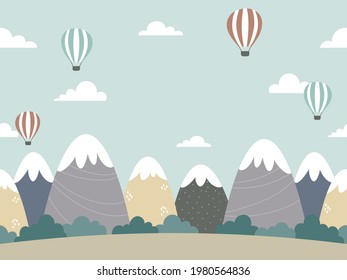 Seamless background design with mountains, forests, clouds, and hot air balloons. Cartoon style landscape illustration. For poster, web banner, kids room wall paper, etc.