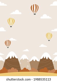 Seamless background design with mountains, forests, clouds, and hot air balloons in autumnal colors. Cartoon style fall landscape illustration. For poster, web banner, kids room wall paper, etc.