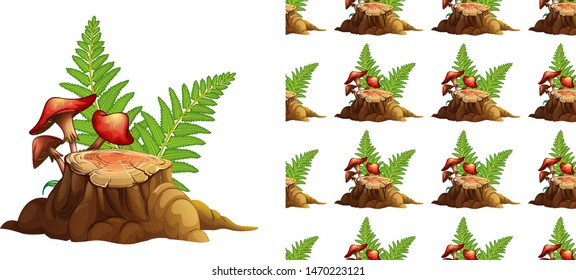 Seamless background design with mushrooms and stump wood illustration