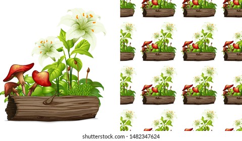 Seamless background design with mushrooms and white lily flowers illustration