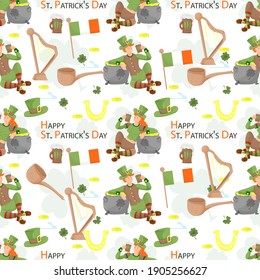 Seamless background for the design design, on the theme of the St. Patricks Day holiday, a girl and a guy in a leprechaun costume with a mug of ale, a harp, gold coins, the flag of Ireland