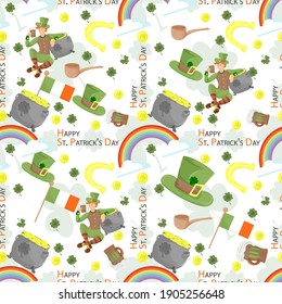 Seamless background for the design design, on the theme of the St. Patricks Day holiday, a sitting guy with a mug of ale and a pot of gold coins rainbow of good luck