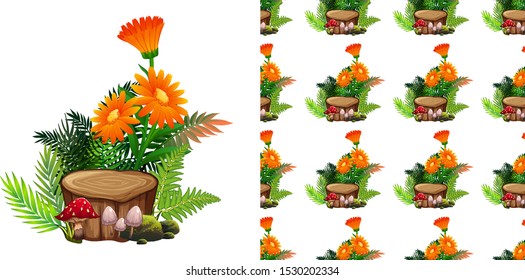 Seamless background design with orange gerbera flowers and mushrooms illustration