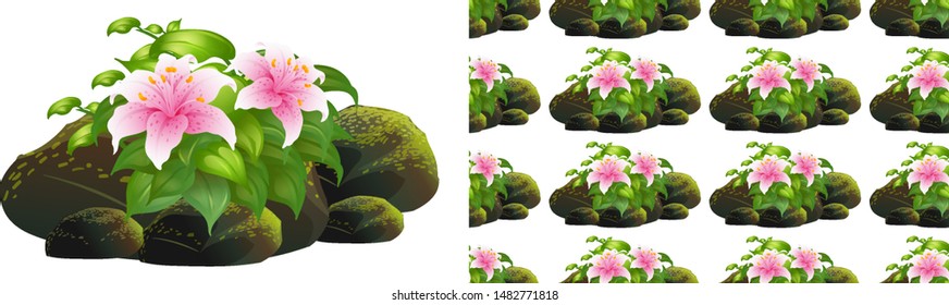 Seamless background design with pink lily flowers on rocks illustration