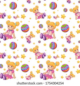Seamless background design with pretty doll and balls illustration