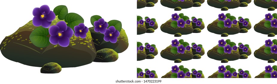 Seamless background design with purple flowers on moss stones illustration