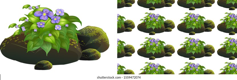 Seamless background design with purple flowers on moss stones illustration