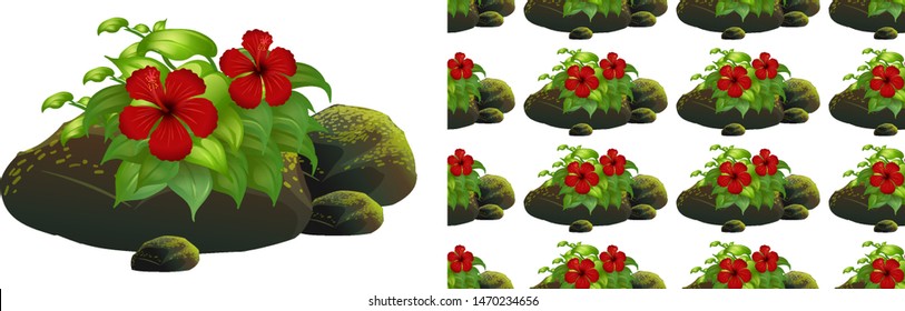 Diseño de fondo sin inconvenientes con flores de hibisco rojo sobre piedras de musgo