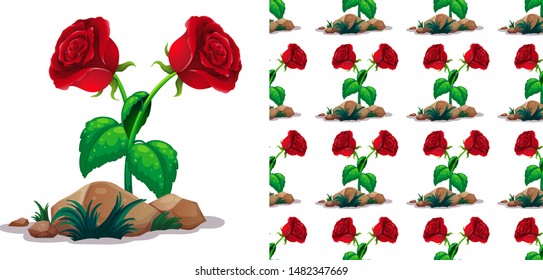 Seamless background design with red roses and stones illustration