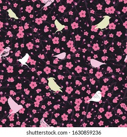 
Seamless background for design with sakura flowers and birds