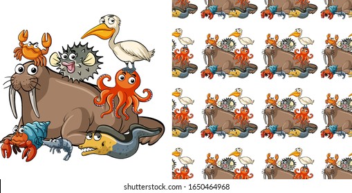 Nahtlose Hintergrundgestaltung mit Meerestieren, Illustration