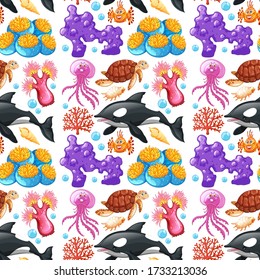 Seamless background design with sea creatures and coral illustration