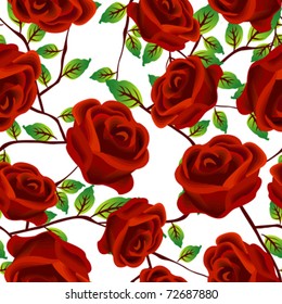 Seamless background design with stylized red roses isolated over white background