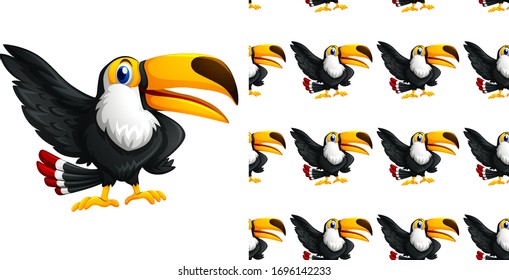 Seamless background design with toucan bird flying illustration