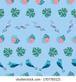 Nahtloses Hintergrunddesign mit tropischen abstrakten Vögeln und Hibiskus-Blumen und Blättern