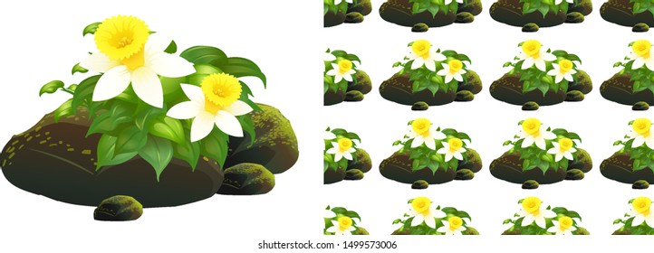 Seamless background design with white daffodil flowers on stone illustration