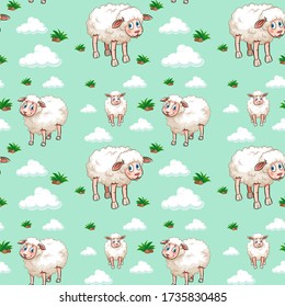 Diseño de fondo sin igual con ilustraciones de ovejas y nubes blancas