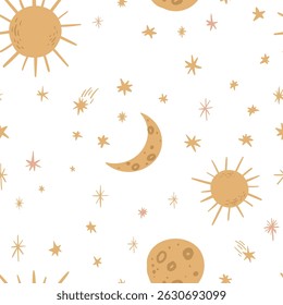 Seamless background with detailed pattern of sun moon and stars