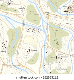 Seamless background detailed topographic map of territory with rivers, forests, settlements, roads, communication lines with titles.