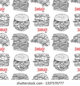 Seamless background of different appetizing sandwiches. Hand-drawn illustration