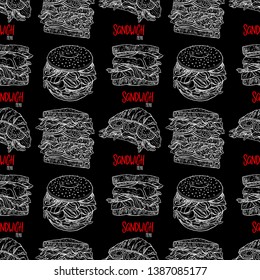 Seamless background of different appetizing sandwiches. Hand-drawn illustration