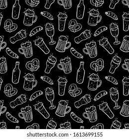 Seamless background of different beer. Hand drawn illustrations