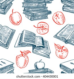 Seamless background with different books and apples. hand-drawn illustration