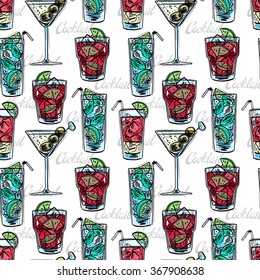 seamless background of different cocktails. hand-drawn illustration