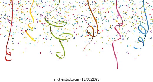 seamless background with different colored confetti and streamers for party time