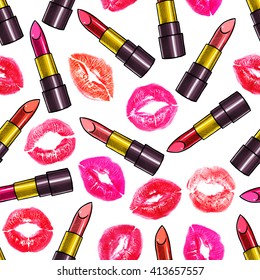 seamless background of different colored lipsticks and lip prints. hand-drawn illustration