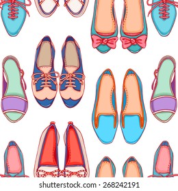 Seamless background with different colored shoes on a white background