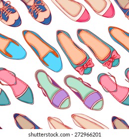 Seamless background with different colored shoes on a white background