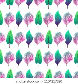 seamless background of different colorful tropical leaves on white background