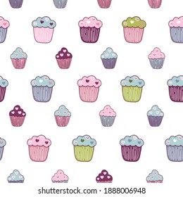 Seamless background with different cupcakes hand-drawn in doodle style. Vector pattern with muffins on a white background
