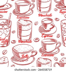 seamless background with different of cups of coffee and coffee beans. hand-drawn illustration - 2