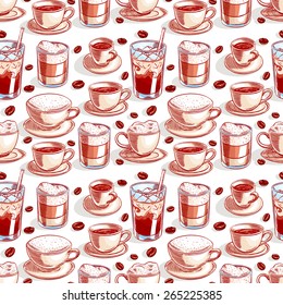 seamless background with different of cups of coffee and coffee beans. hand-drawn illustration