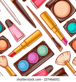 Seamless background with different decorative cosmetics. Lipstick, powder, eye shadow