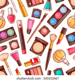 Seamless background with different decorative cosmetics. Lipstick, powder, eye shadow