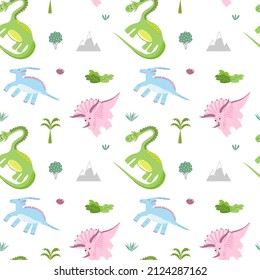 Seamless background with different dinosaurs in cartoon style. Backdrop for children's things
