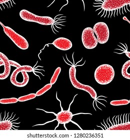Seamless background of the different drawn bacterias