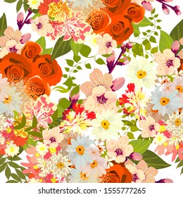 A seamless background with different flowers. Vector