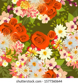 A seamless background with different flowers. Vector