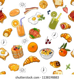 Seamless background with  different food and drink. The theme of the Breakfast.