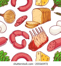 Seamless background with different food. meat, cheese, bread