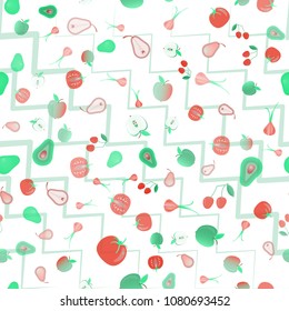 Seamless background of different fresh fruits and vegetables on white background and zig zag lines diagonally. Vector illustration.