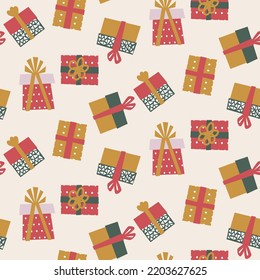 Seamless background with different gifts. Festive wrapping paper. Birthday or Christmas gifts